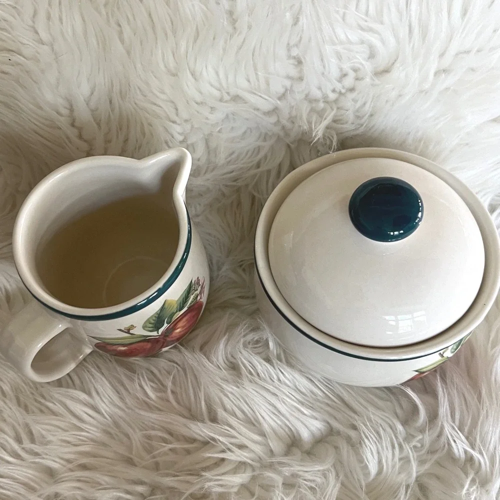China Pearl Casuals Apple Sugar and Creamer Set Vintage Stoneware Orchard Fruit